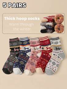 5 双女士袜子秋冬季多色厚羊毛袜圣诞袜多风格温暖可爱卡通圣诞元素麋鹿雪圣诞老人时尚可爱休闲袜柔软舒适，适合居家、聚会和外出活动 - 彩色 - 查看 10