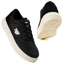 Men's Casual Skater Sneakers Comfortable Lace-Up Low Top Shoes + Socks - 黑色 - 查看 2