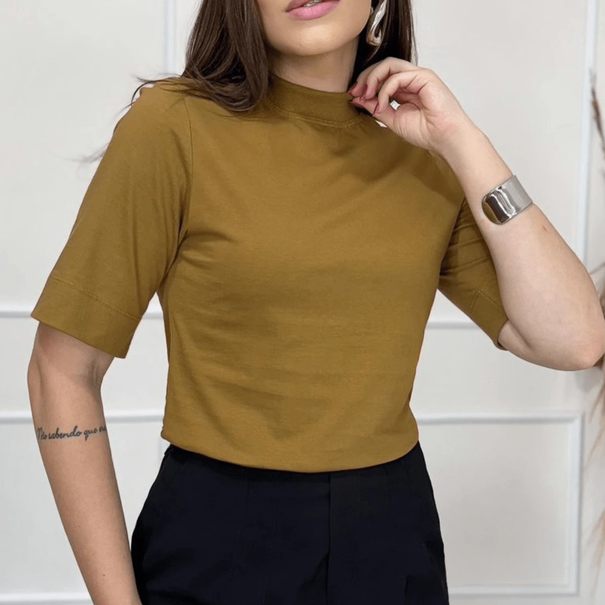 Women's 3/4 Sleeve Shirt Menegotti Cotton 100% High Quality And Premium Comfort Half Sleeve Collar - Rỉ Nâu - Xem 1