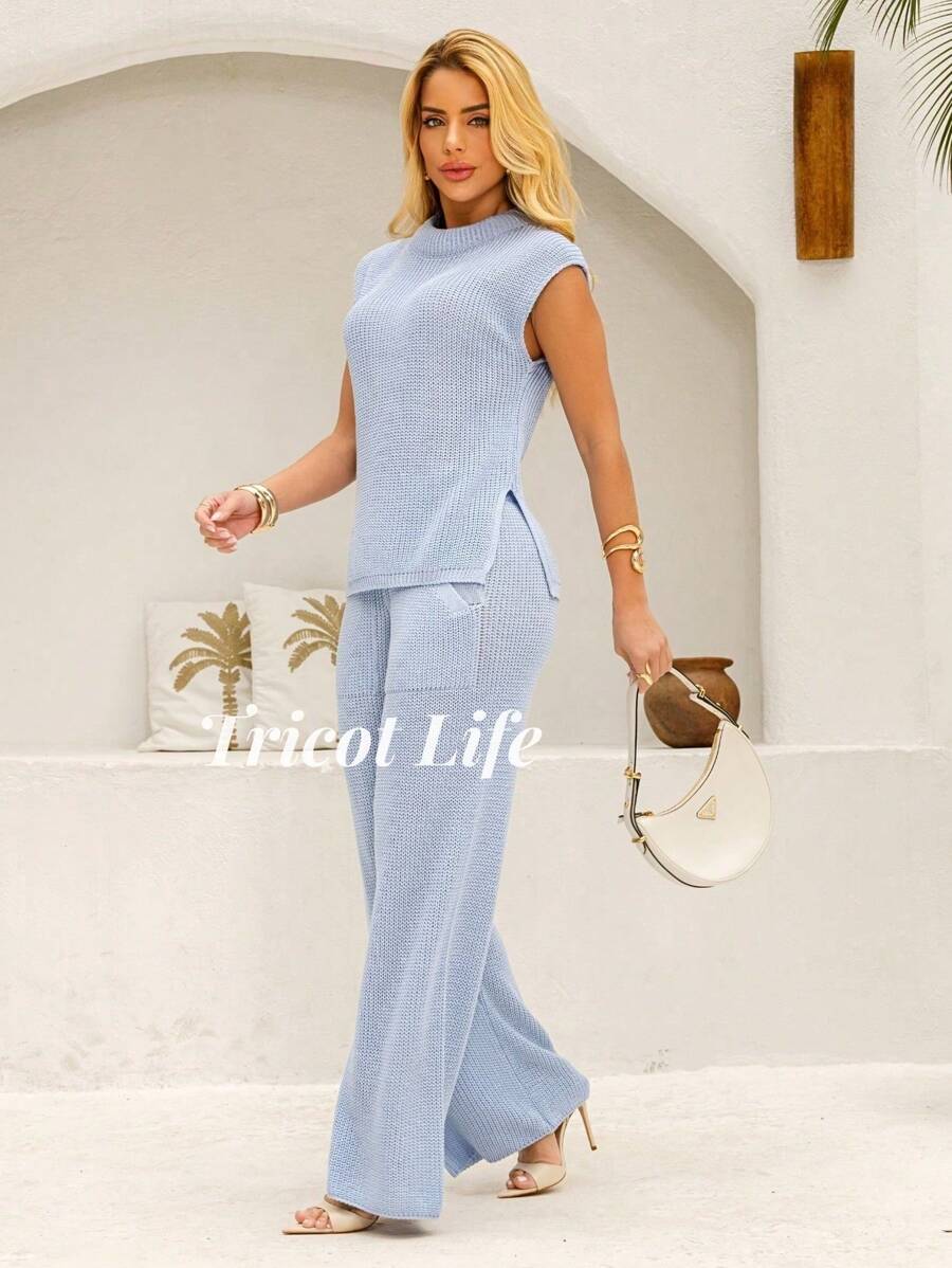 Women's Set Of Pants And Tank Top Knit Elegant Luxurious New Year's Eve - Baby Blue - View 1