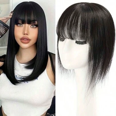 带侧刘海的直发发饰 真人雷米直发 手工制作假发发饰 假发夹 顶部稀疏假发 女士天然发饰 夹式接发