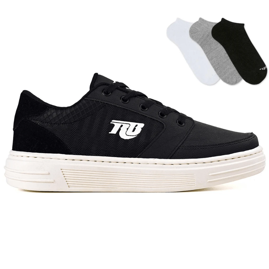 Men's Casual Skater Sneakers Comfortable Lace-Up Low Top Shoes + Socks - 黑色 - 查看 1