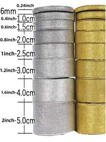 Fita de cetim brilhante prateada e dourada de 25 jardas (6 mm a 5 cm), ideal para decoração de festas, casamentos, embalagens de presentes, Natal, Halloween e projetos DIY. - Multicolorido - Ver 2