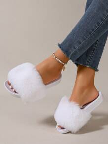 Furry Slippers Faux Fur Slippers Stylish Open Toe Girls Sandals Outdoor Indoor Can Wear Furry Slippers - 白色 - 查看 5