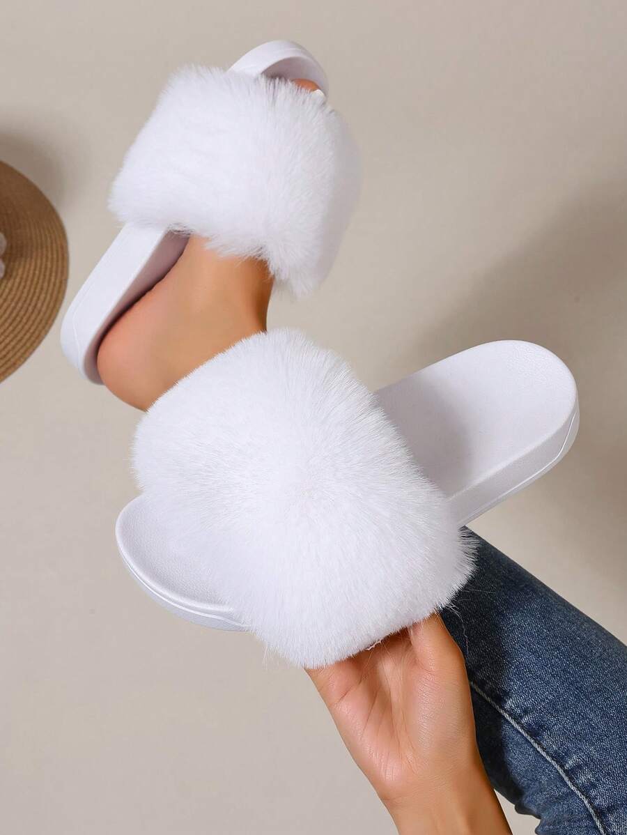Furry Slippers Faux Fur Slippers Stylish Open Toe Girls Sandals Outdoor Indoor Can Wear Furry Slippers - 白色 - 查看 1