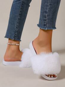 Furry Slippers Faux Fur Slippers Stylish Open Toe Girls Sandals Outdoor Indoor Can Wear Furry Slippers - 白色 - 查看 4