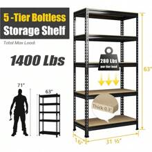 Storage Shelves 5 Tier Adjustable Garage Storage Shelving, Heavy Duty Metal Storage Utility Rack Shelf Unit For Warehouse Pantry Closet Kitchen, 28" X 12" X 59", Black - Camel - View 2