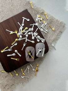 50 件餐具主题美甲用品、迷你金属叉子和勺子指甲装饰、个性化 DIY 指甲首饰配件 - 銀色 - 查看 5