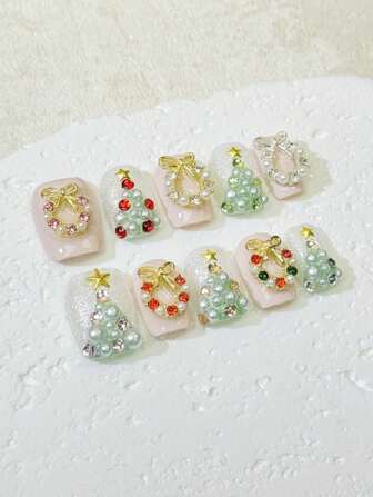 10 pezzi di unghie fatte a mano, manicure rosa, unghie natalizie, forma quadrata corta, design a forma di albero di Natale, accessori decorativi in lega di diamanti per arte di unghie, set di manicure natalizie per donne e ragazze, contiene un pezzo di colla trasparente e una lima per unghie