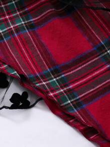 Tween Girls Fashion Casual Plaid Patchwork Flocked Mesh Bow Decor Asymmetric Hem Dress - Red - View 6