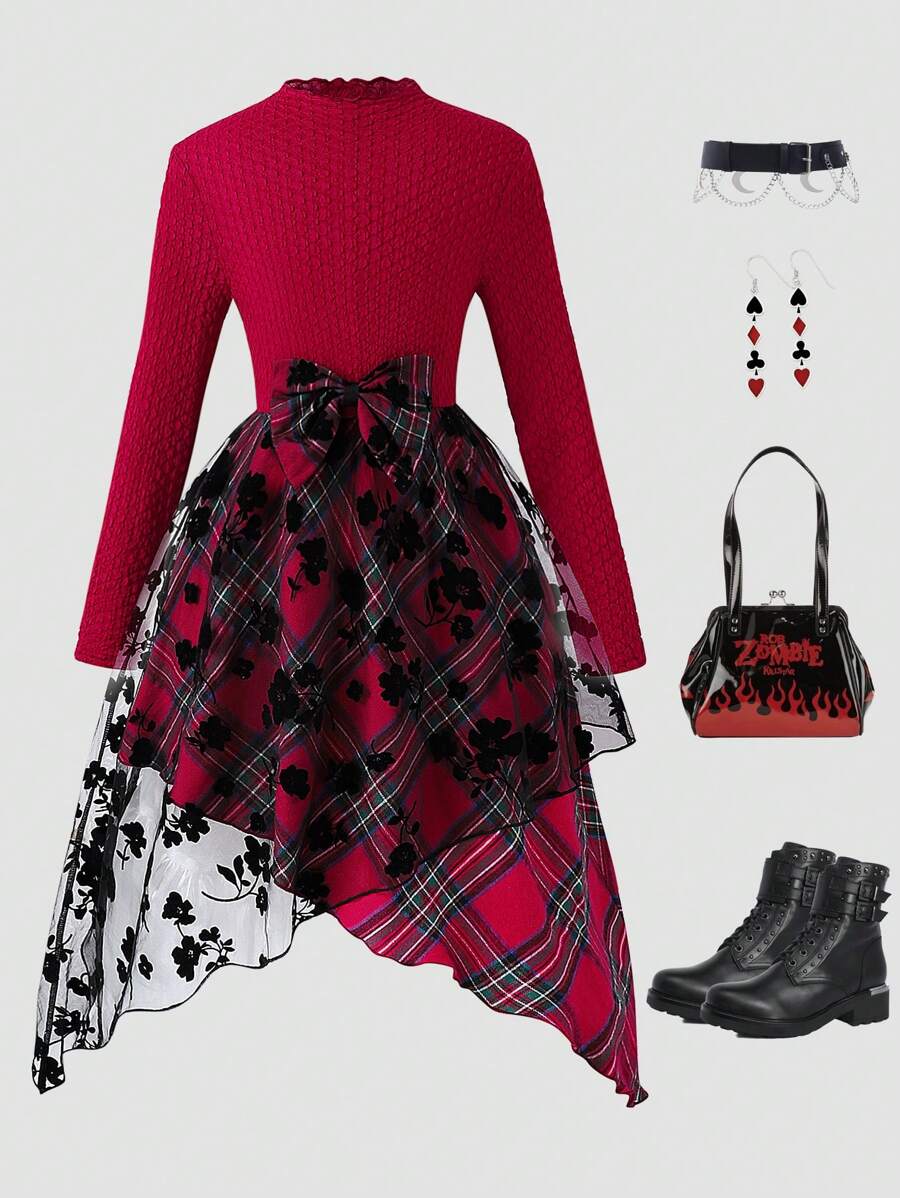 Tween Girls Fashion Casual Plaid Patchwork Flocked Mesh Bow Decor Asymmetric Hem Dress - Red - View 1