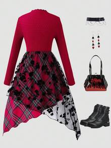 Tween Girls Fashion Casual Plaid Patchwork Flocked Mesh Bow Decor Asymmetric Hem Dress - Red - View 2