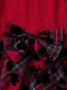 Tween Girls Fashion Casual Plaid Patchwork Flocked Mesh Bow Decor Asymmetric Hem Dress - Red - View 4