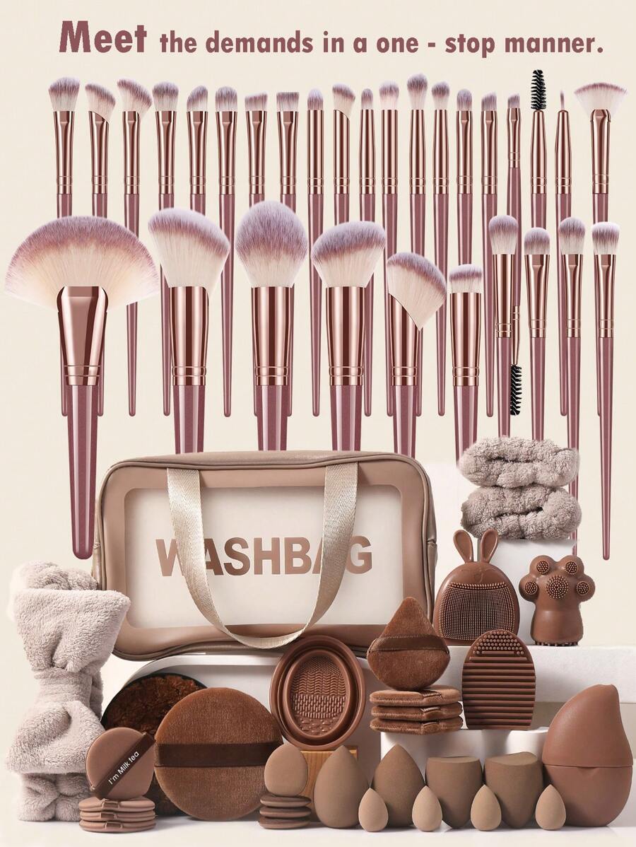 61/51/43/40/38/33/30/28/17/6件套全套组合套装，包含30支化妆刷、4个化妆海绵、4个三角粉扑、4个指套粉扑、4个迷你化妆海绵、1个SPA蝴蝶结发箍、2个腕带套装、1个化妆刷清洁碗、1个化妆刷清洁蛋、4个粉扑（气垫粉扑）、2个圆形散粉、1个化妆包、3件套洁面工具。 - 彩色 - 查看 1