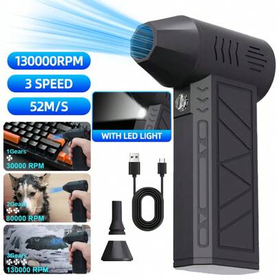 Mini Turbo Jet Fan, Air Blower 130000RPM Turbo Fan, 3 Gear Adjustable Electric Air Duster, Wind Speed 52m/S Brushless Motor Handheld Duct, Car High-Performance Cyclone Turbo, Air Cushion Inflation, Blow Dry Pets, Barbecue Hair Dryer Tools