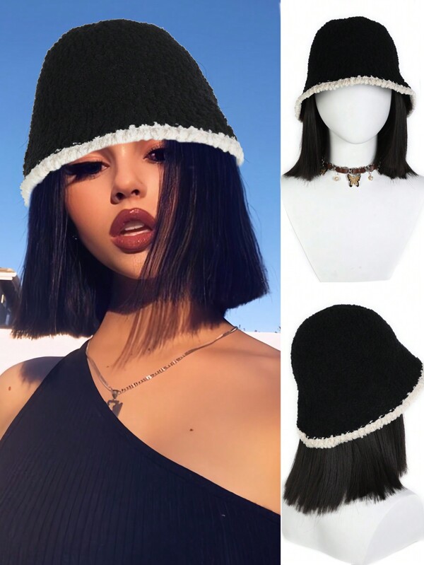 Chapéu de pescador preto, cabelo curto, peruca sintética integrada, 6 polegadas, cabelo liso, moda outono e inverno, chapéu quente para mulheres, chapéu integrado, peruca, uso diário, quente e prático.