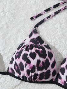 Women's Leopard Print Bikini Swimwear Top, Casual For Beach Party & Summer Vacation - Pink - View 3