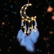 Handmade Dreamcatcher With Moon Design, Multiple Colors, Luminous Gift Suitable For Various Occasions, Feminine Dreamlike Bedroom Decor Decoration Home Decor, Room Decor, Wall Decor E-I-D - Blue - View 4