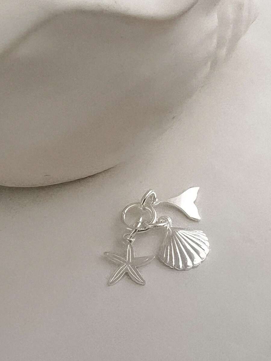 Pingente do Mar Concha Estrela e Sereia em Prata 925 - Prata - Visão 1