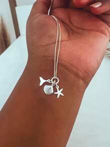 Pingente do Mar Concha Estrela e Sereia em Prata 925 - Prata - Visão 3