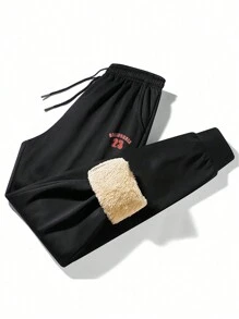 Men's Sherpa Lining Sweatpants, Loose Fit Elastic Waist Drawstring Printed Casual Jogger Pants