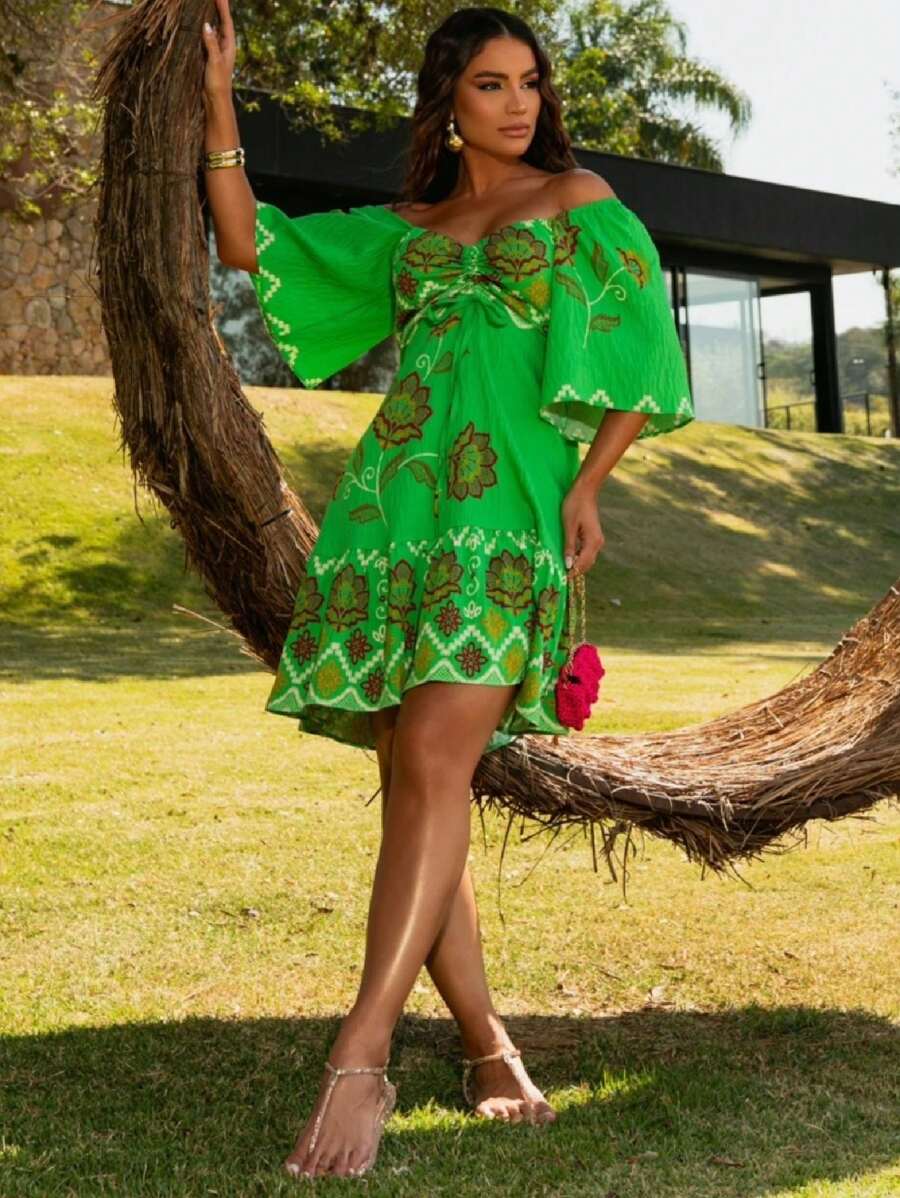 NADIA STRAPLES PRINTED DRESS WITH NECKLINE - 綠色 - 查看 1