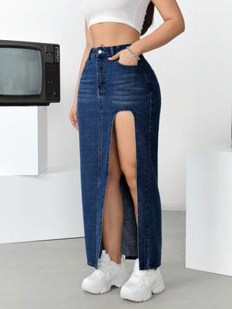 Women Simple Solid Color Daily Wear Slit Denim Skirt