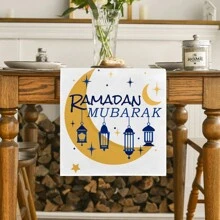 1pc Ramadan Themed Blue And Gold Crescent Moon And Stars Table Runner, Minimalist Linen-Like Rectangular Table Runner For Home Gatherings, Eid Mubarak Decor For Indoor And Outdoor, Suitable For Dining Room, Living Room, And Buffet - Multicolor - View 5