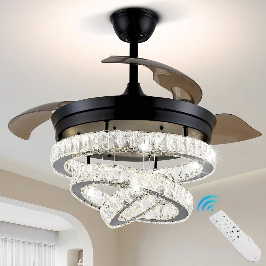 42"  Fandeliers With Lights Dimmable Crystal Ceiling Fan With Lights Individual 3 LED Color Change With Timi Memory Function - Black - View 1