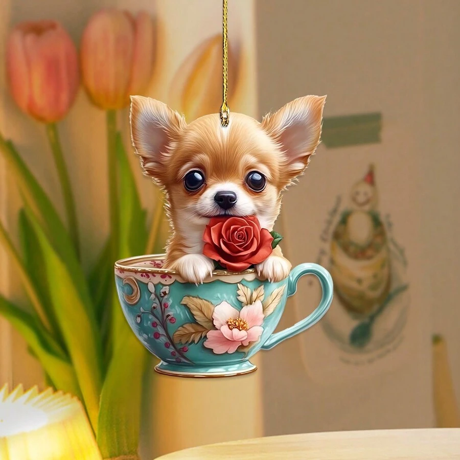 1 件，时尚茶杯吉娃娃玫瑰吊坠，亚克力，2D 皇冠猫吊坠，适用于包包和钥匙装饰，是送给男女的完美情人节礼物 - 彩色 - 查看 1