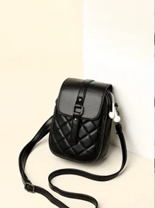 Túi đeo chéo Mini Argyle Quilted, Túi điện thoại nắp gập bằng da PU màu đen dành cho nữ có dây đeo có thể điều chỉnh, nhẹ và thời trang - màu đen - Xem 3