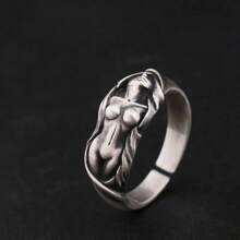 1pc Vintage Style Men's Ring With Nude Woman Design - Zinc Alloy, Antique Silver Plated