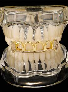 1pc/2pcs Hip Hop Style Vampire Hollow Teeth Grillz, Inlaid Shiny Zirconia 18K Gold Plated, Halloween Christmas Street Fashion Accessories, Comes With Tweezer & Dental Wax