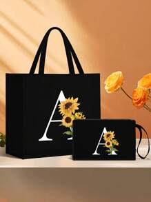 Bolsa de lona negra, que incluye una bolsa con iniciales impresas de la A a la Z y una bolsa pequeña impresa, con estampado de girasoles y flores, letras, flores, paquete de regalo personalizado, bolsa de lona negra - Negro - Ver 7