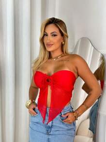 Cropped Tule Tomara que Caia com Bojo Amarração Frontal Moda Blogueira Tendencia