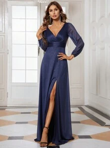 Elegant Sparkling High Slit Pleated Bridesmaid Formal Dress