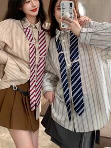 Women Casual Long Sleeve Striped Shirt With Necktie