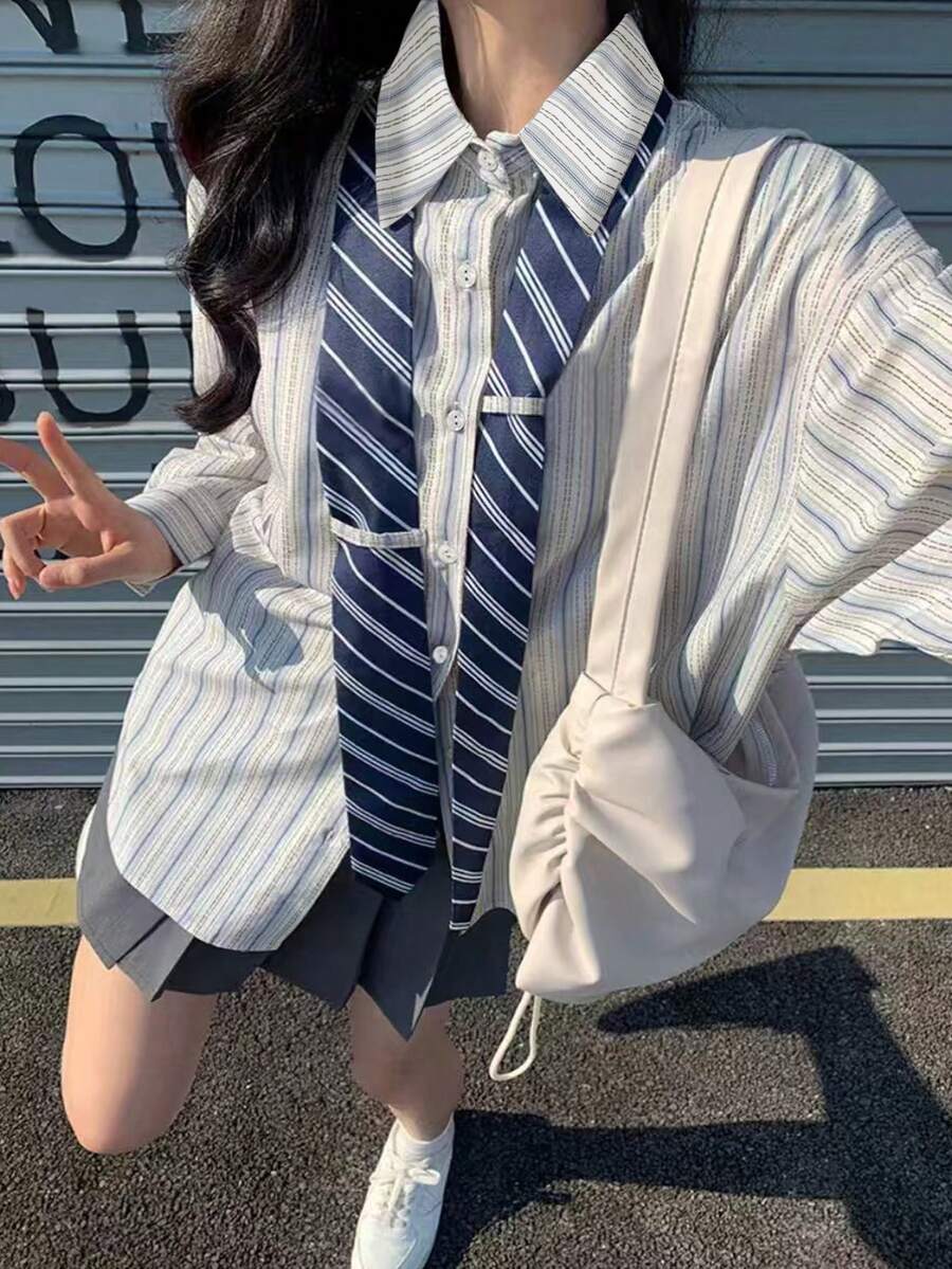 Women Casual Long Sleeve Striped Shirt With Necktie