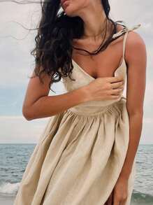 优雅法式度假性感迷人亚麻细肩带露背长裙，波西米亚风格假日连衣裙，女士，春夏