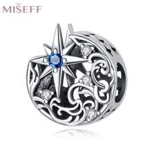 MISEFF 1 pieza Genuino Colgante de plata de ley 925 joyas con cuentas talladas de luna y estrella, regalo creativo para hacer joyas finas DIY para mujeres