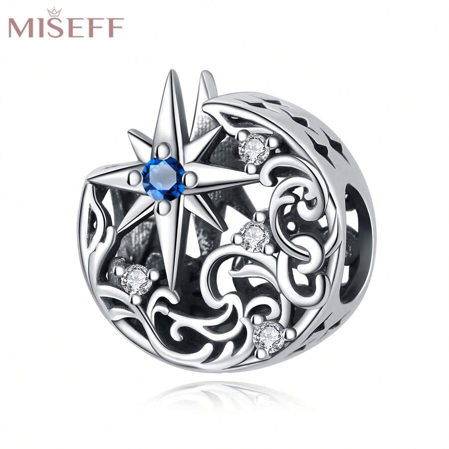 MISEFF 1 pieza Genuino Colgante de plata de ley 925 joyas con cuentas talladas de luna y estrella, regalo creativo para hacer joyas finas DIY para mujeres