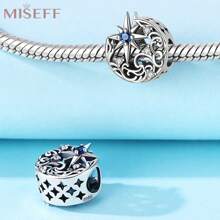 MISEFF 1 pieza Genuino Colgante de plata de ley 925 joyas con cuentas talladas de luna y estrella, regalo creativo para hacer joyas finas DIY para mujeres