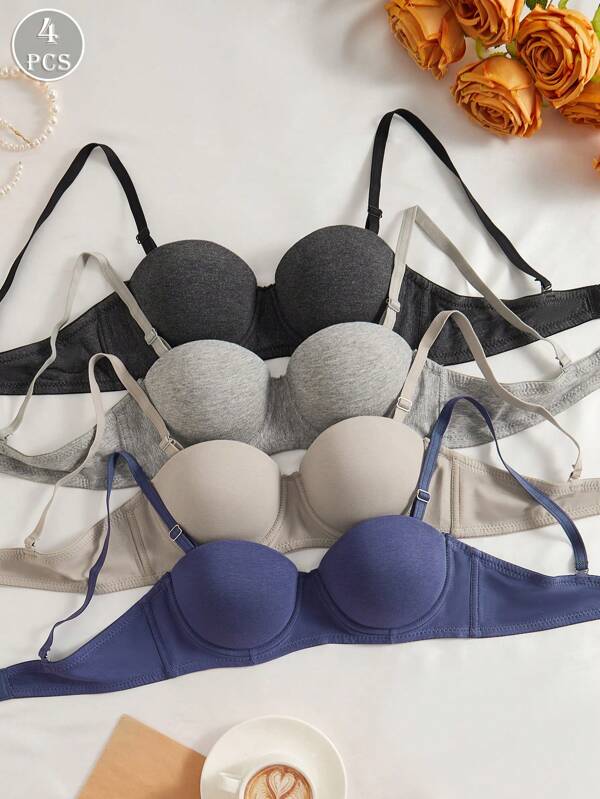 4pcs Lady's Comfortable Sleeping Multicolor Wireless Soft Cup Push Up Lingerie Bra, Suitable For Small Bust