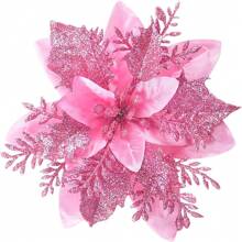 Lot de 20 décorations de Noël en forme de poinsettia avec clip, 14 cm, fleurs à paillettes pour décorations de Noël (rose)