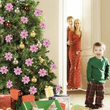 Lot de 20 décorations de Noël en forme de poinsettia avec clip, 14 cm, fleurs à paillettes pour décorations de Noël (rose)