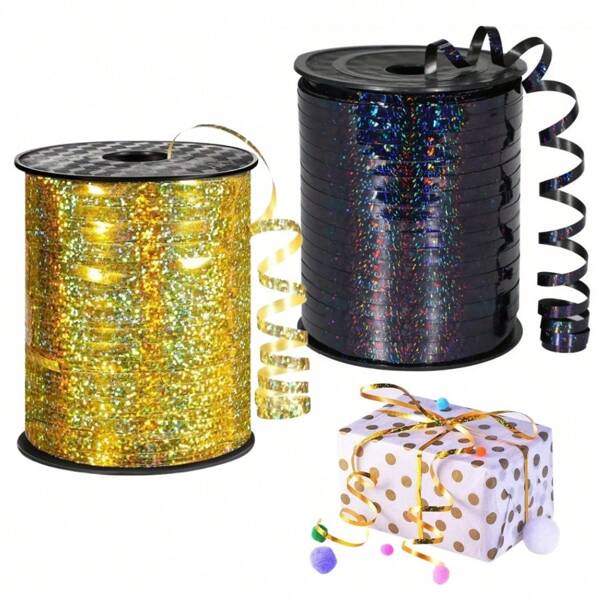 1 rolo de 250 jardas de fita preta dourada ondulada com glitter, corda metálica brilhante para embrulho de presente, corda para balões, decorações para festas festivas, casamento, aniversário, comemorações de feriados, buquês, embrulho de flores, materiais para artesanato, dia dos namorados