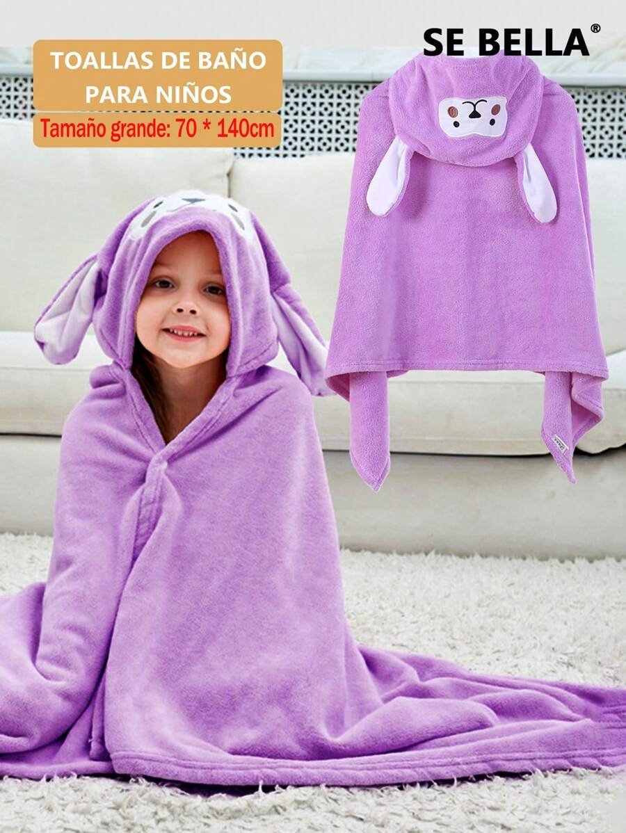 [SE BELLA]1PC Coral Cotton Kids Bath Towel Quick-Drying Hooded Bathrobe For Baby Children Cartoon Design Hooded Beach Robe - 紫羅蘭色 - 查看 1