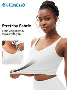 GEMCHO Camiseta de yoga deportiva para mujer con soporte medio, sin aros, con relleno y diseño de tirantes largos, para primavera/verano