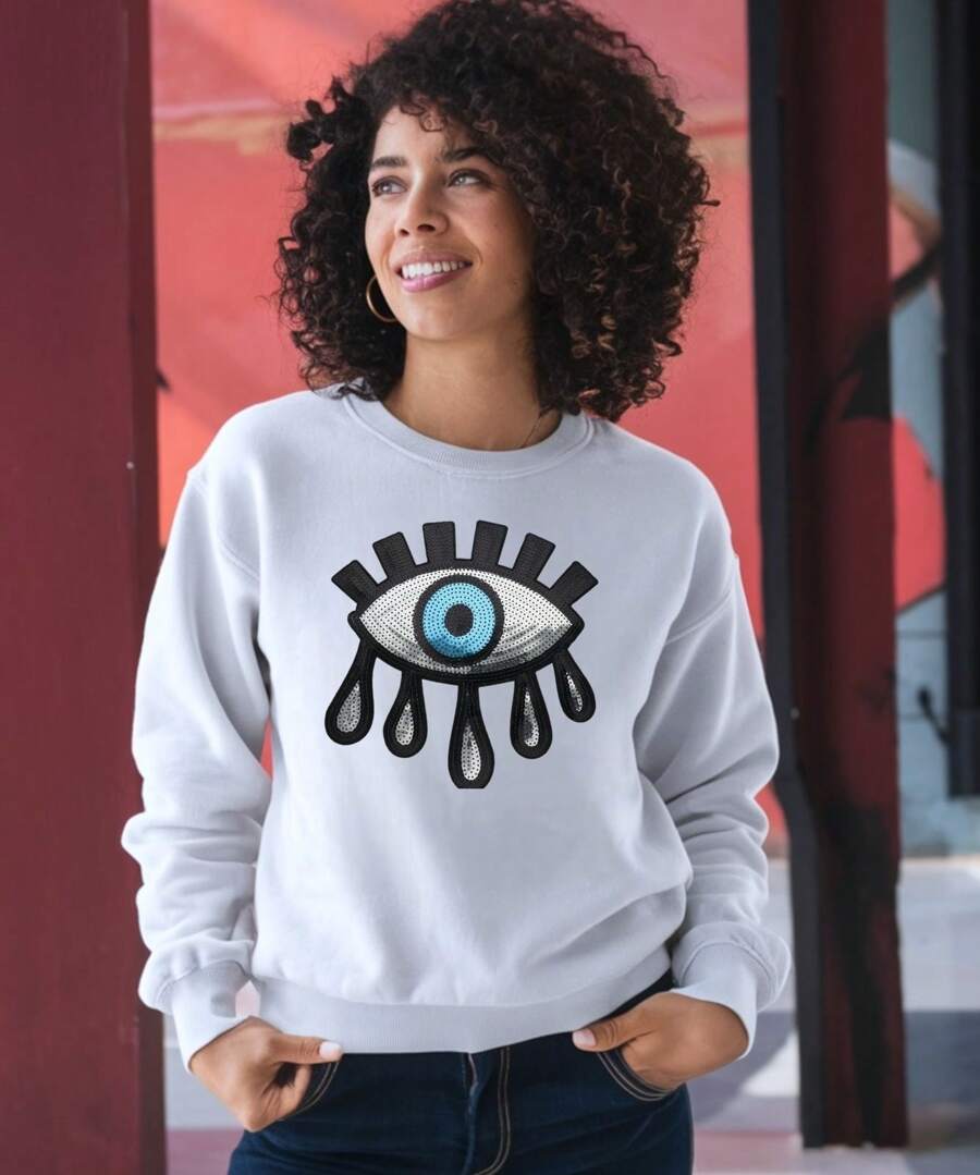 Women's Lightweight Sweatshirt With Turkish Eye Design - White - View 1