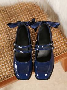 Giày cao gót Mary Jane đế dày, mũi vuông, có nơ, kiểu dáng thời trang thoải mái dành cho nữ, thích hợp cho ngày Valentine. - Màu xanh hải quân - Xem 7